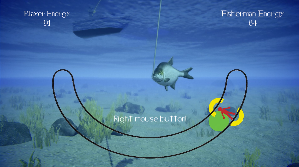 Timed reaction event with the player aligned to the fisherman icon and a right-click prompt.